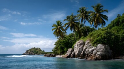 Tropical island coastline with palm trees and rocky shore meeting the clear blue sea under a bright sunny sky