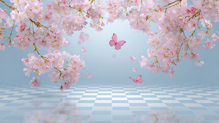 Delicate pink blossoms and butterflies float above a checkered floor pink cherry blossoms pink butterflies