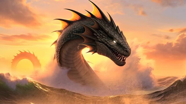 A sea dragon emerges from ocean waves with a serpent body at sunset, fantasy adventure concept.
