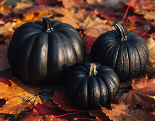 Matte Black Pumpkins on Autumn Leaves—Modern Dark Harvest and Halloween Concept