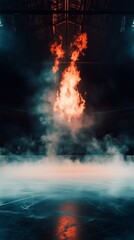 Obraz premium Bright Flames Rise From a Serene Water Surface Under Dark, Cloudy Sky at Sunset