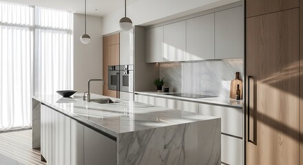 Modern Kitchen Island with Marble Countertop and Sleek Cabinetry.