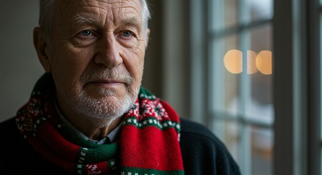 Closeup portrait of an elderly man with a beard wearing a festive scarf, looking thoughtfully out a window - Powered by Adobe