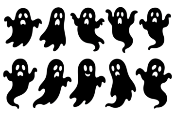 Vector illustration for Halloween featuring an assortment of ghost silhouettes. The collection blends abstract and traditional ghost designs with pumpkins and skeletons for a complete spooky vibe.