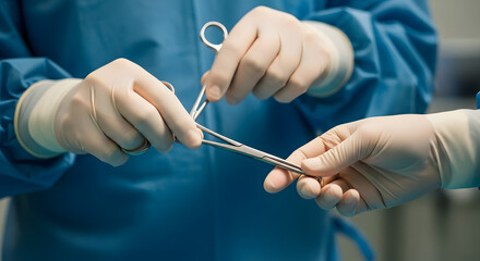 surgeons hands passing surgical instrument during operation