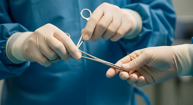 surgeons hands passing surgical instrument during operation