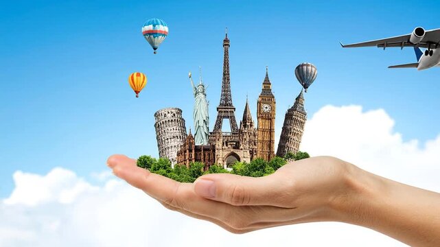 Hand Holding World Landmarks with Airplane and Balloons