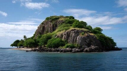 A picturesque tropical island with lush green vegetation and rocky cliffs rises from the clear blue ocean under a partly cloudy sky