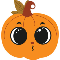Cute Cartoon Pumpkin With Big Eyes and Kissing Lips A Whimsical Halloween Character With A Brown Stem And Autumn Leaves