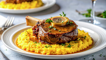 A refined Italian veal shank dish captured with focus on sauce and plating details, perfect for culinary visuals.