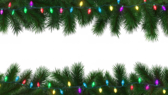 Brightly lit holiday lights on green pine branches, created AI, PNG