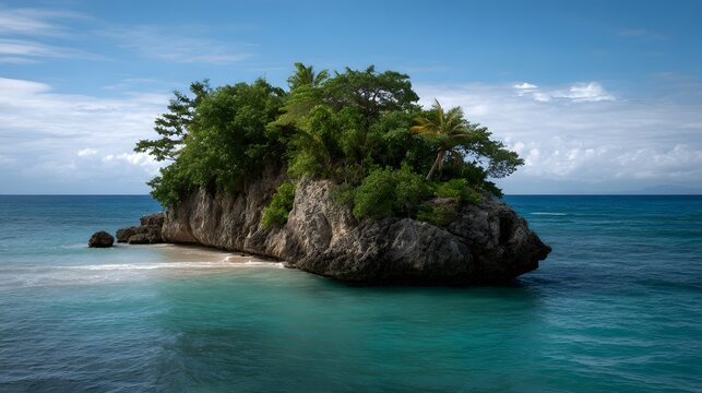 A small tropical island with lush green vegetation and rocky cliffs emerges from clear turquoise ocean waters under a blue sky