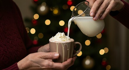 Pouring cream into a mug of hot chocolate topped with whipped cream in front of a christmas tree