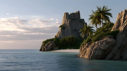 Naklejka premium A serene tropical island with dramatic rocky cliffs and palm trees bathed in soft morning or evening light overlooking a calm ocean
