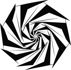 Dynamic black and white hypnotic optical illusion art, abstract geometric spiral pattern design element, visually striking vector graphic background.