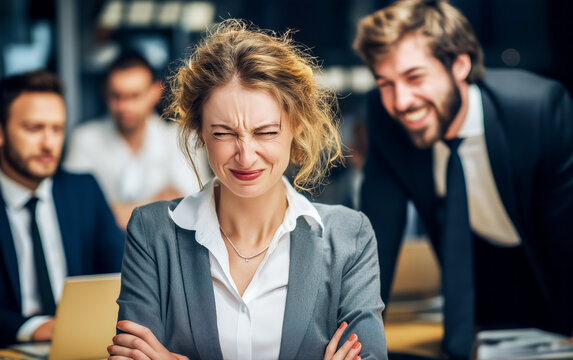 Female employee suffering from workplace bullying in office.