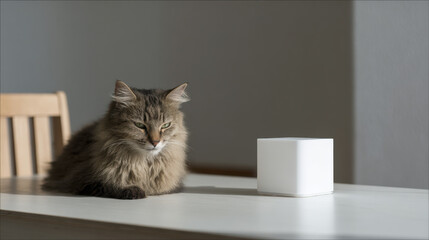 fluffy cat lounging on pristine white table surrounded by ultrabright activity indicator