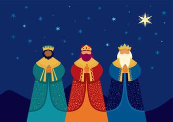 Tree magi at night and the Star of Bethlehem. Epiphany poster