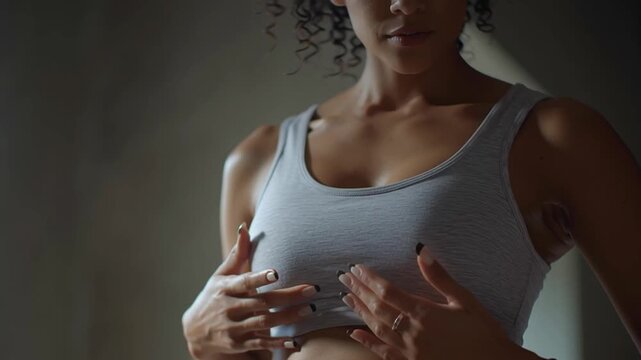Postpartum recovery concept showing woman sportswear tank top gently touching abdomen with hands soft natural light for healing and wellness care