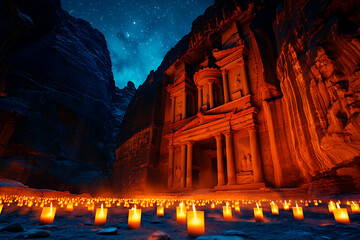 Ancient Nabataean Treasury carved into sandstone cliff walls, illuminated by hundreds of flickering candles under a star-filled night sky, creating a magical atmosphere