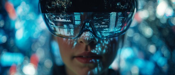 Fusing reality and imagination through advanced augmented interfaces. Stock trends. Holographic dream: enhanced reality in a modern atrium. Kpi tracking. Corporate finance.