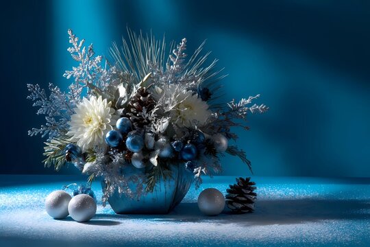 Beautiful winter floral arrangement with blue and white decorations in a serene setting