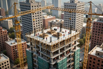 Construction Site View with Cranes and Workers Overlooking Cityscape