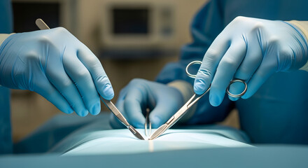 surgeons performing delicate operation with surgical instruments