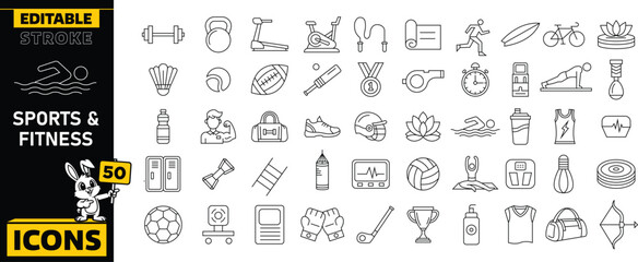 Sports and fitness icon set. editable stroke featuring various athletic activities and equipment in outline style