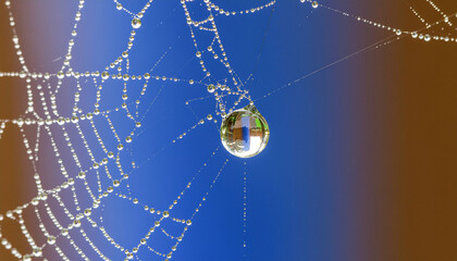 Macro Photograph of Dew Drop on Spider Web Reflecting Light – Symbol of Connection and Balance