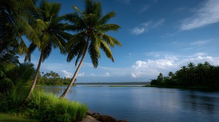 Serene tropical landscape with lush palm trees by a tranquil blue lake under a bright clear sky with scattered white clouds