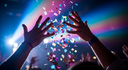 Hands reaching up in a crowd with confetti falling during a concert with colorful lights.