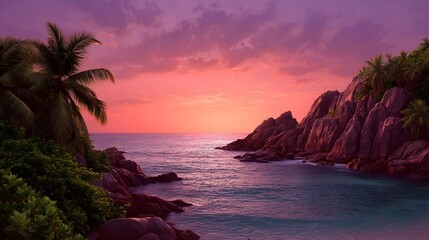 Vibrant tropical coastline at sunset with rocky cliffs and palm trees