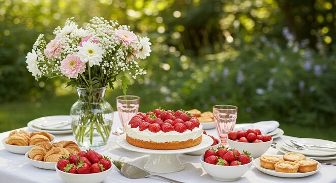 A delightful outdoor table setting with a strawberry cake, fresh fruit, pastries, and a beautiful floral arrangement