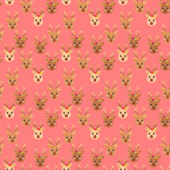 Cute Reindeer Faces Seamless Pattern: Christmas Holiday Repeating Background, Adorable Cartoon Deer Digital Paper for Kids Fabric, Gift Wrap, and Scrapbooking