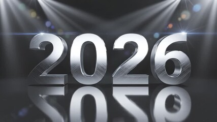 Metallic number 2026 with shiny spotlight beams and reflection on dark background, futuristic design concept for celebration event featuring metallic texture and futuristic reflection effects - Powered by Adobe