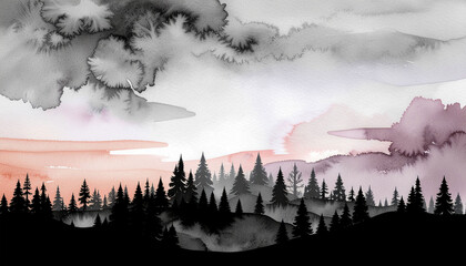 Misty Watercolor Forest Landscape—Minimal Nature Illustration in Soft Gray and Rose Tones