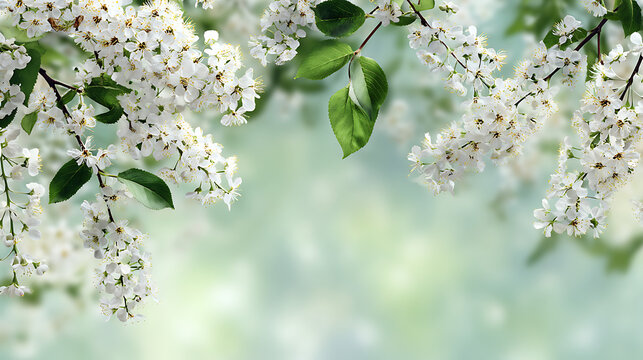 Delicate white blossoms adorned with green leaves on a soft pastel background white flowers spring