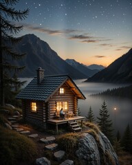 Fototapeta premium Cozy cabin in the mountains at twilight with a starry sky
