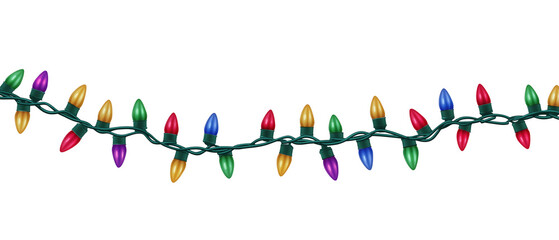 Brightly colored holiday lights with green wiring, created AI, PNG