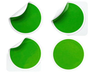 Four green circle stickers with curled edges