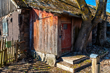 Wooden shed near a tree in Valdemarpils, Latvia, reflecting rustic charm and nature
