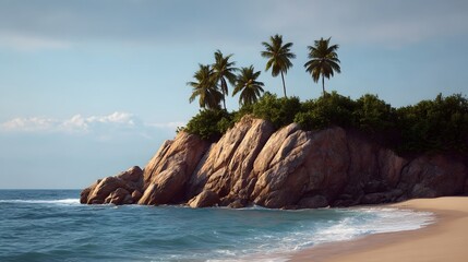 Idyllic tropical island featuring lush palm trees atop rugged rocky cliffs meeting the serene turquoise ocean with gentle waves washing ashore on a