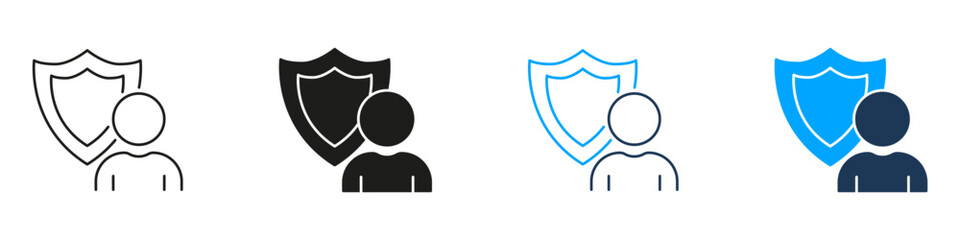 Person With Shield Line And Solid Icon Set. Security, Protection, And Privacy Assurance Symbol Collection. Cybersecurity And Data Safety. Isolated Vector Illustration