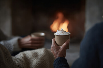 cozy family gathers around roaring fireplace each holding steaming cup of hot cocoa