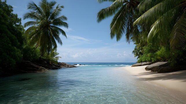 Serene tropical beach with clear turquoise water white sand and lush palm trees