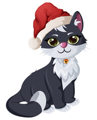 Cute Black and White Cartoon Cat Illustration Sitting Wearing a Santa Hat and Bell Collar Isolated Vector