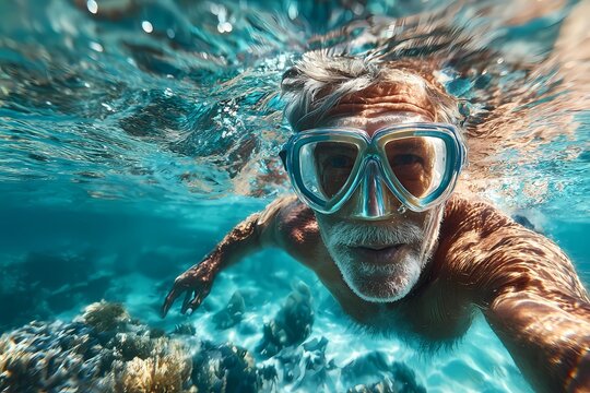 Senior man snorkeling in clear blue water among vibrant coral reefs during sunny day at tropical paradise