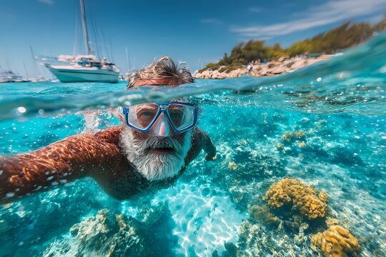 Senior man snorkeling in clear tropical waters near coral reefs during a sunny day by the coast