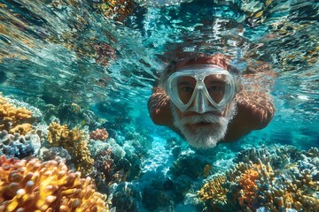 Senior man snorkeling in vibrant coral reef while exploring marine life in clear ocean waters during sunny day